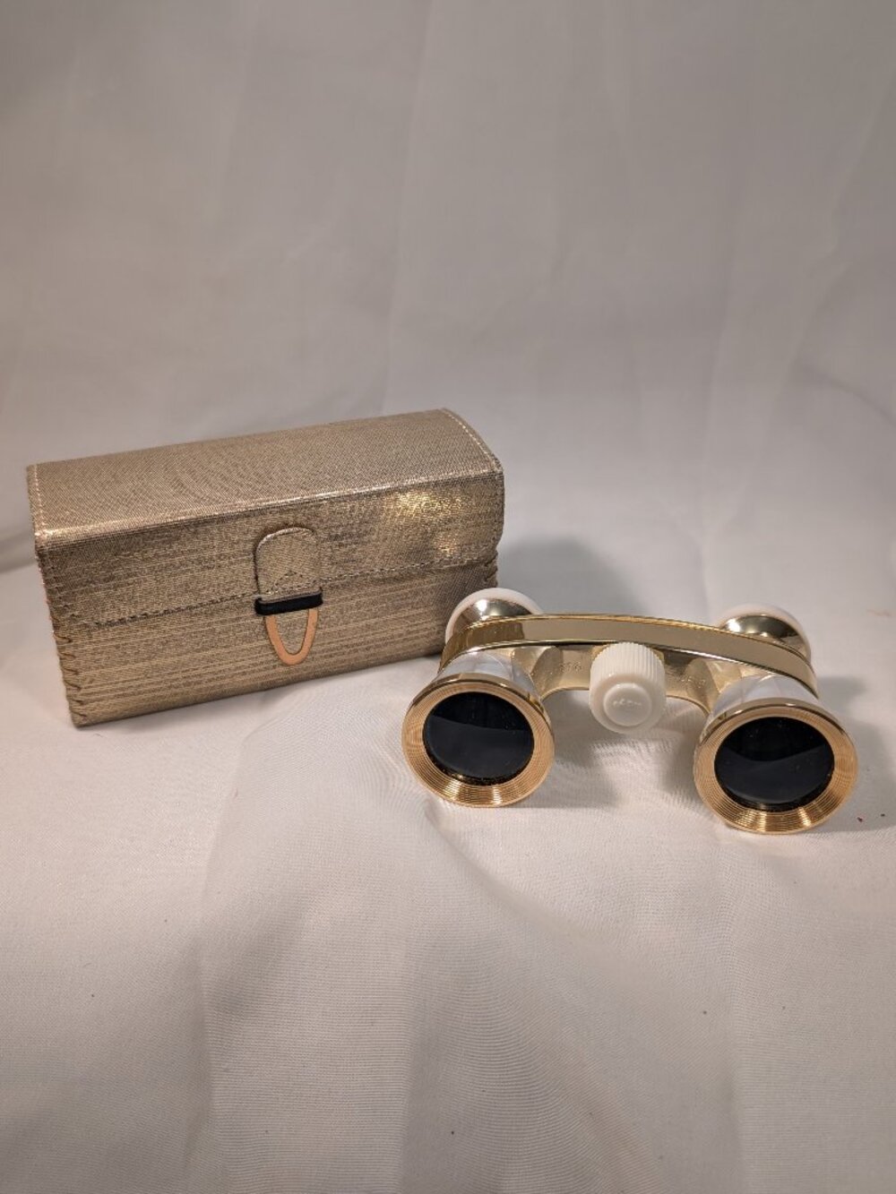 Vintage Gold Tone Mother of Pearl Opera Glasses Theater Binoculars Case